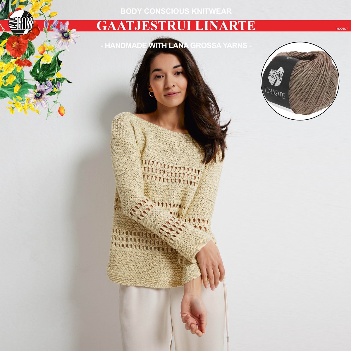 Breipakket trui mt. 40 met Linarte-garen model 7 van Lana Grossa Classici nr. 24-kleur nougat