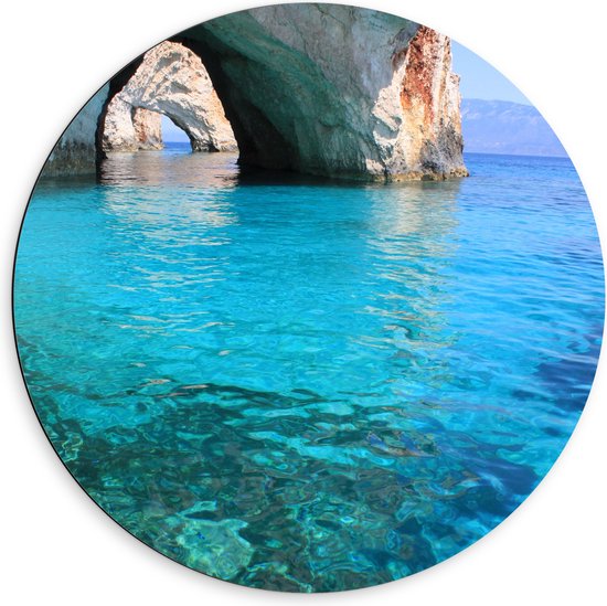 Dibond Muurcirkel - Grotten en Gesteente boven de Blauwe Zee - 60x60 cm Foto op Aluminium Muurcirkel (met ophangsysteem)