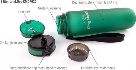 Groene King Mungo drinkfles met uitleg over kenmerken zoals fruitfilter en lekvrije dop.