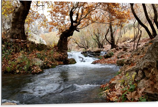 Dibond - Waterval door Herstbossen - 105x70 cm Foto op Aluminium (Wanddecoratie van metaal)