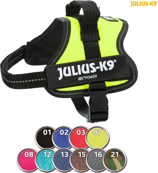 Julius-K9 IDC®POWER hondentuig in neongroen, met zwarte gespen, reflecterende rand en kleurenpallet.