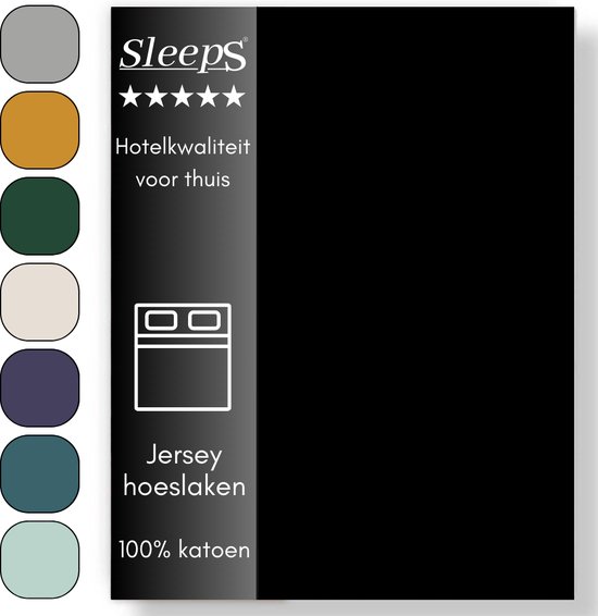 Sleeps Jersey Hoeslaken - Zwart Tweepersoons 140x200/220 cm - 100% Katoen - Hoge Hoek - Heerlijk Zacht Gebreid - - Strijkvrij - Rondom elastiek - Stretch -