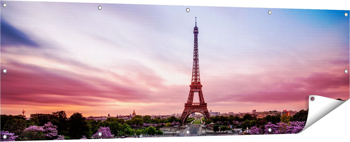 Gards Tuinposter Eiffeltoren in Parijs met Kleurrijke Hemel - 180x60 cm - Tuindoek - Tuindecoratie - Wanddecoratie buiten - Tuinschilderij Multikleur
