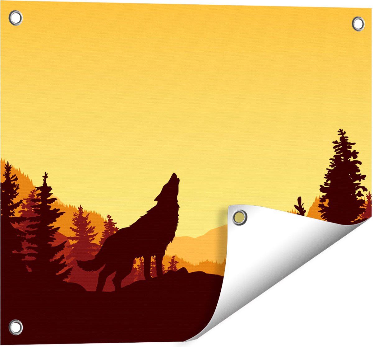 Gards Tuinposter Silhouet van een Wolf in het Bos - Abstract - 50x40 cm - Tuindoek - Tuindecoratie - Wanddecoratie buiten - Tuinschilderij Multikleur