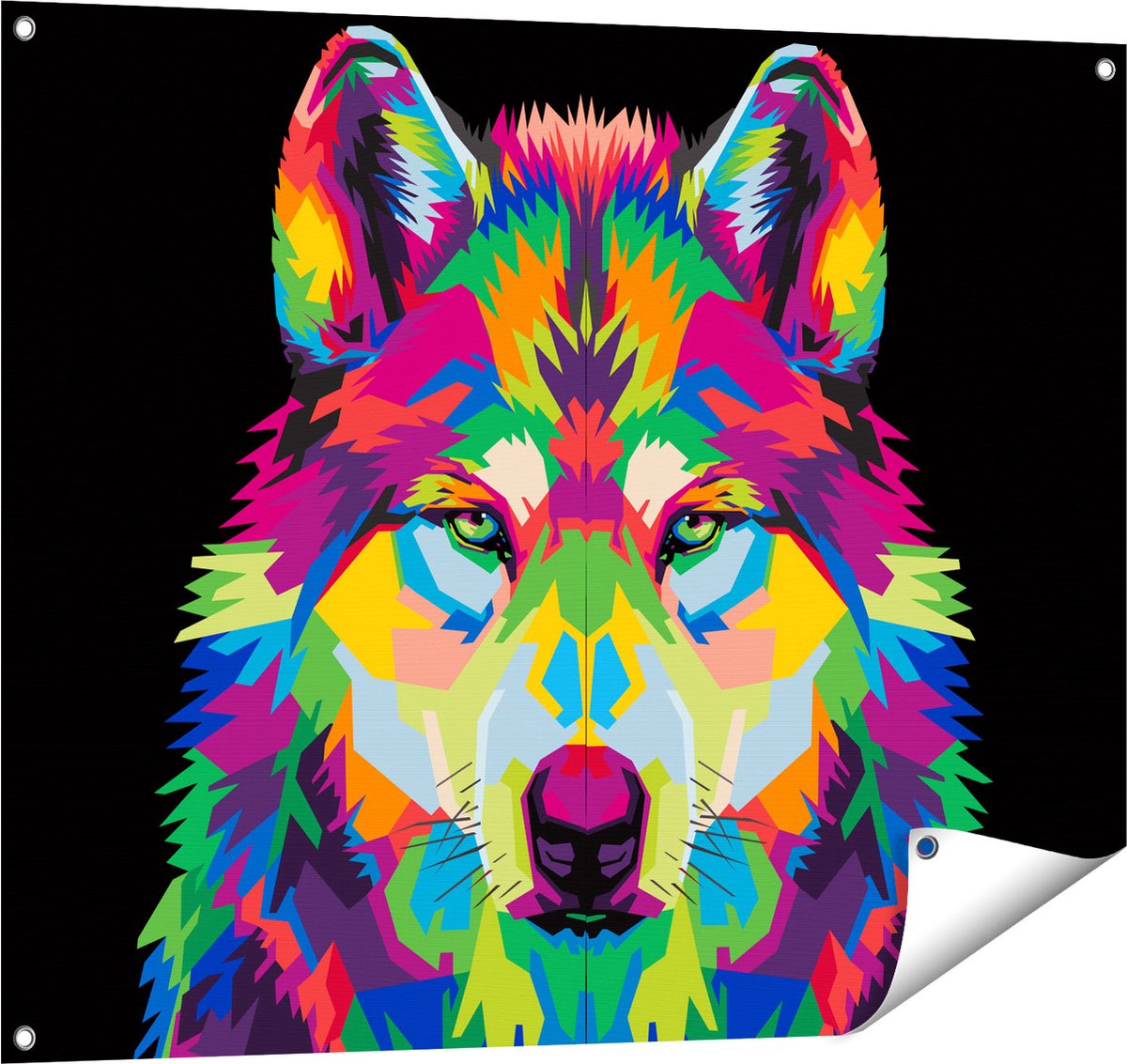 Gards Tuinposter Gekleurde Wolvenkop - Wolf - Abstract - 100x80 cm - Tuindoek - Tuindecoratie - Wanddecoratie buiten - Tuinschilderij Multikleur
