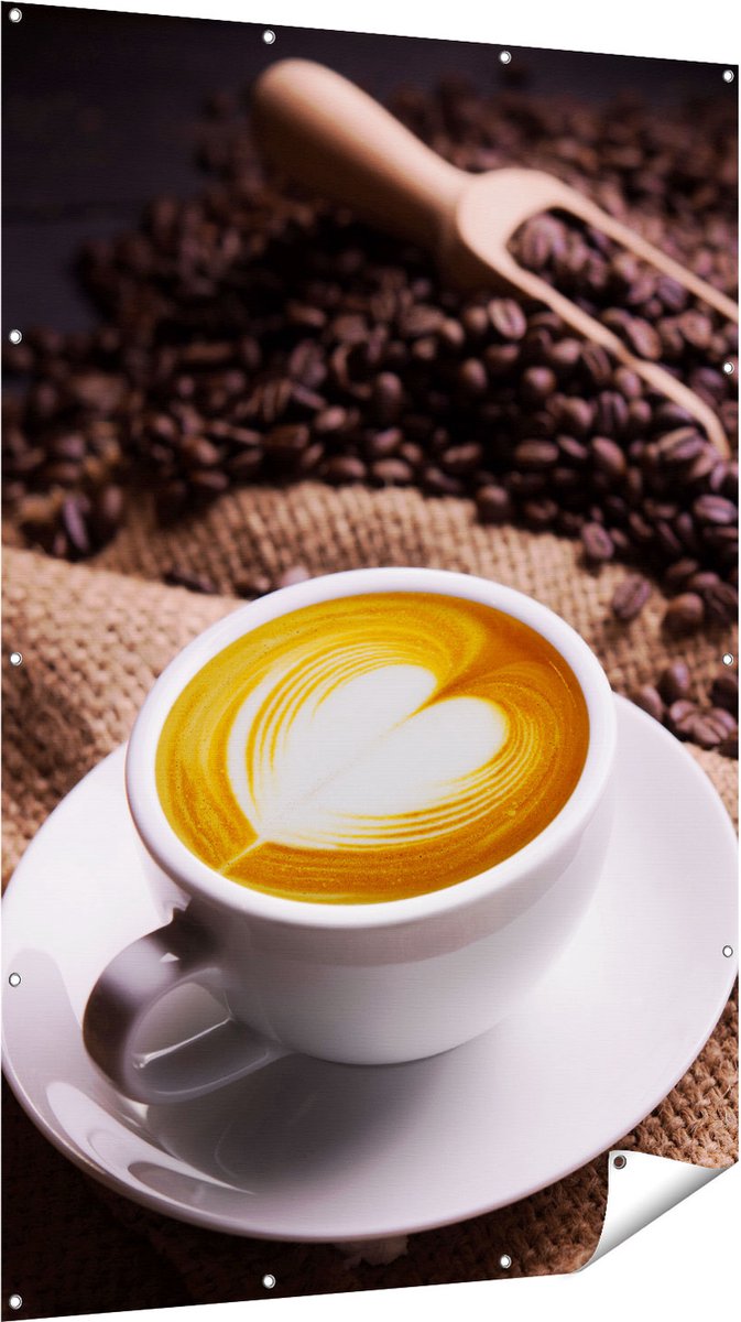 Gards Tuinposter Kopje Koffie in een Hartje met Koffiebonen - 120x180 cm - Tuindoek - Tuindecoratie - Wanddecoratie buiten - Tuinschilderij Multikleur