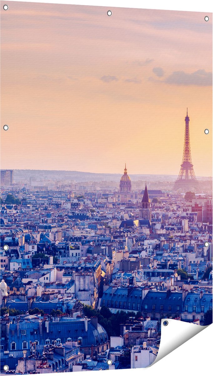 Gards Tuinposter Skyline van Parijs tijdens Zonsondergang - 80x120 cm - Tuindoek - Tuindecoratie - Wanddecoratie buiten - Tuinschilderij Multikleur