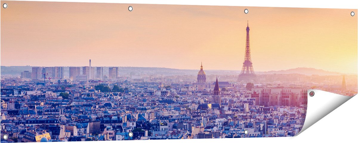 Gards Tuinposter Skyline van Parijs tijdens Zonsondergang - 150x50 cm - Tuindoek - Tuindecoratie - Wanddecoratie buiten - Tuinschilderij Multikleur