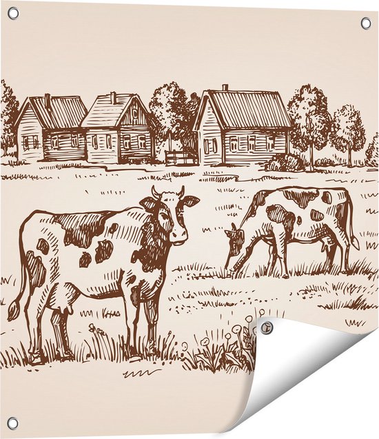 Gards Tuinposter Getekende Koeien op een Boerderij - Abstract - 60x60 cm - Tuindoek - Tuindecoratie - Wanddecoratie buiten - Tuinschilderij