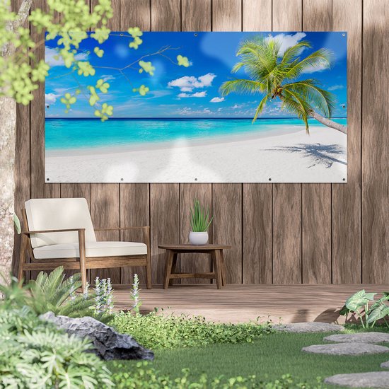 Gars Affiche de jardin Plage Tropicale avec Palmier - 200x100 cm - Toile jardin - Décoration de jardin - Décoration murale extérieur - Tableau jardin