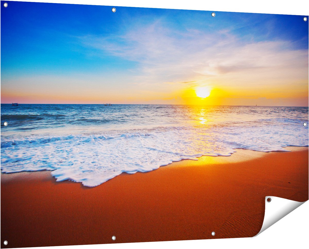 Gards Tuinposter Strand en Zee tijdens Zonsondergang - 150x100 cm - Tuindoek - Tuindecoratie - Wanddecoratie buiten - Tuinschilderij Multikleur