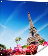 Gards Tuinposter Eiffeltoren in Parijs met Bloemen - 90x90 cm - Tuindoek - Tuindecoratie - Wanddecoratie buiten - Tuinschilderij