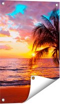 Gards Tuinposter Tropisch Strand tijdens Zonsondergang - 40x60 cm - Tuindoek - Tuindecoratie - Wanddecoratie buiten - Tuinschilderij