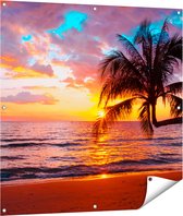 Gards Tuinposter Tropisch Strand tijdens Zonsondergang - 100x100 cm - Tuindoek - Tuindecoratie - Wanddecoratie buiten - Tuinschilderij