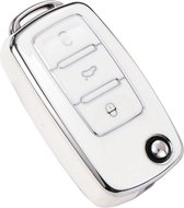 Zachte TPU Sleutelcover - Wit Zilver Metallic - Sleutelhoesje Geschikt voor Volkswagen Golf / Polo / Tiguan / Up / Passat / Seat Leon / Skoda Citigo - Sleutel Hoesje Cover - Randen Zilver - Auto Accessoires