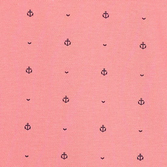 Coral polo shirt fabric with a small dark blue anchor print.