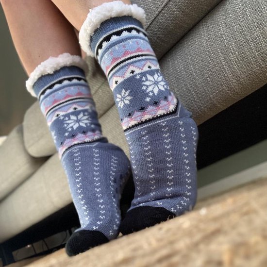 Merino Wollen sokken - Licht Blauw met Sneeuwvlok - maat 35/38 - Huissokken - Antislip sokken - Warme sokken – Winter sokken