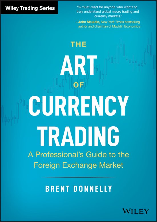 Boekcover 'The Art of Currency Trading' in het Engels, met de titel in grote witte letters op een blauwe achtergrond. Bevat een subtiele grafiek van beurskoersen.