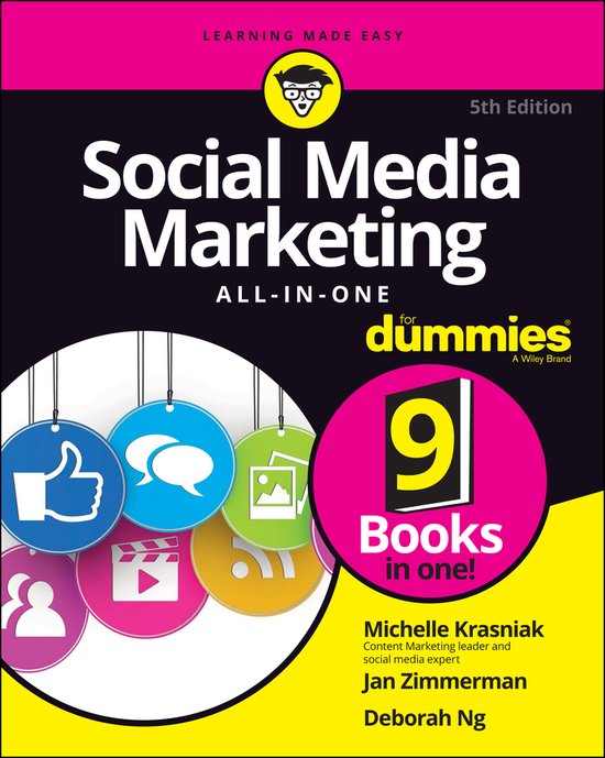 Boek "Social Media Marketing All-in-One for Dummies" 5e editie met iconen voor likes, chat, afbeeldingen, film enrss. 9 boeken in één.