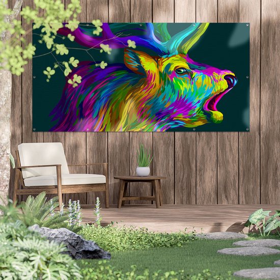 Gards Tuinposter Hertenkop - Hert - Abstract - Kleur - 200x100 cm - Tuindoek - Tuindecoratie - Wanddecoratie buiten - Tuinschilderij