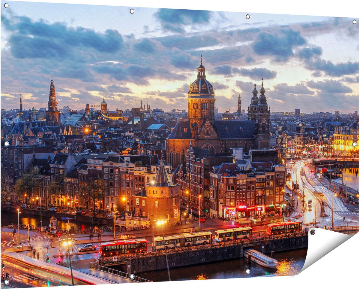 Gards Tuinposter Amsterdam Centrum Luchtfoto Zonsondergang - 150x100 cm - Tuindoek - Tuindecoratie - Wanddecoratie buiten - Tuinschilderij Multikleur