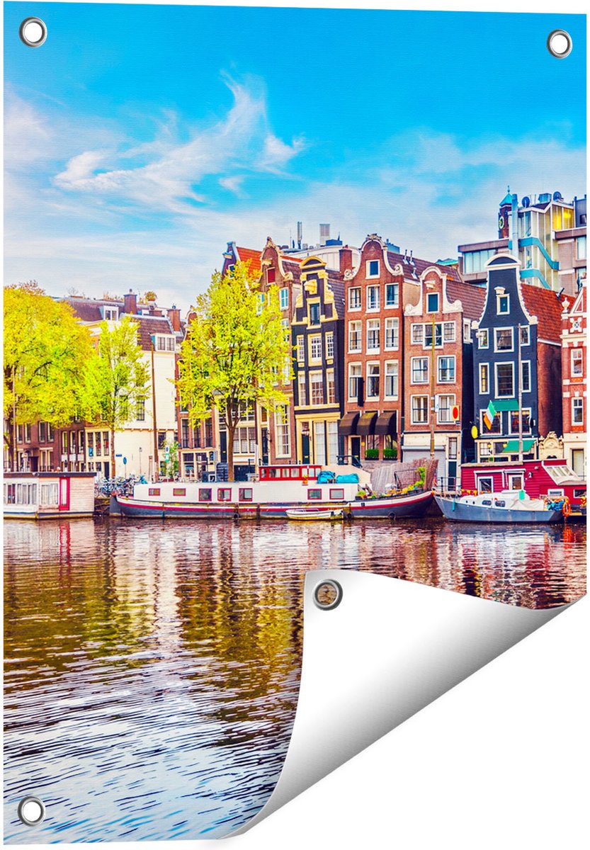 Gards Tuinposter Amsterdamse Huisjes aan het Water - 40x50 cm - Tuindoek - Tuindecoratie - Wanddecoratie buiten - Tuinschilderij Multikleur