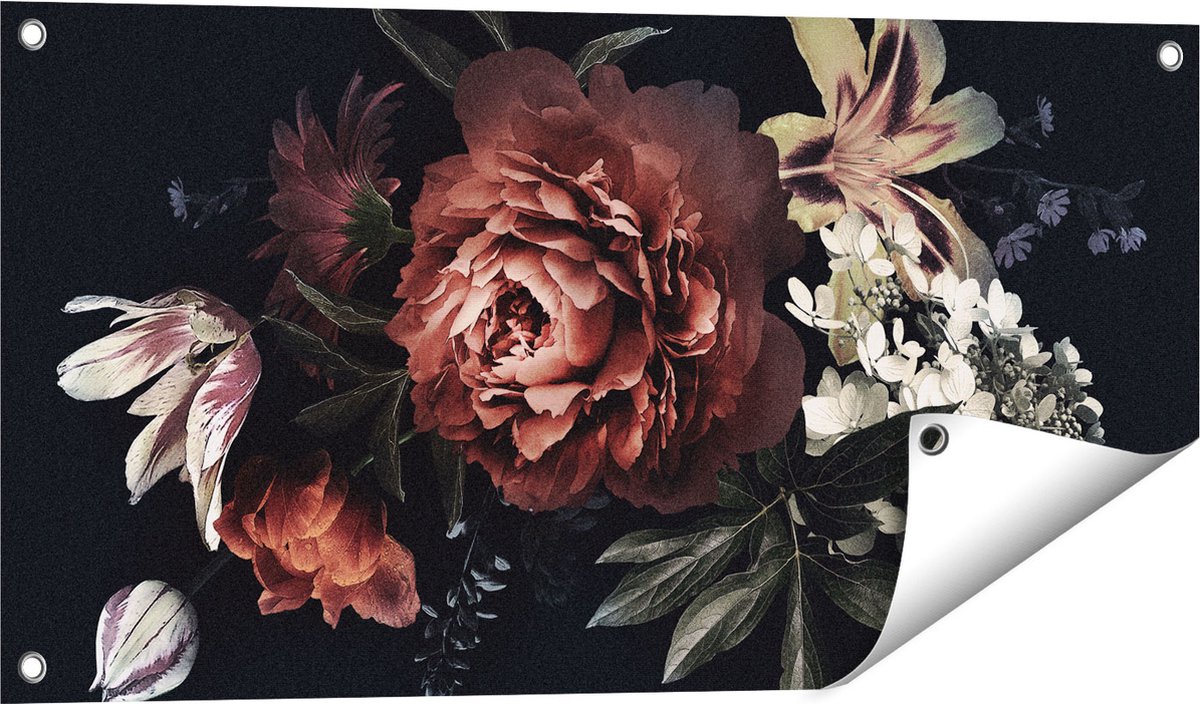 Gards Tuinposter Bloemen op een Zwart Achtergrond - 80x40 cm - Tuindoek - Tuindecoratie - Wanddecoratie buiten - Tuinschilderij Multikleur
