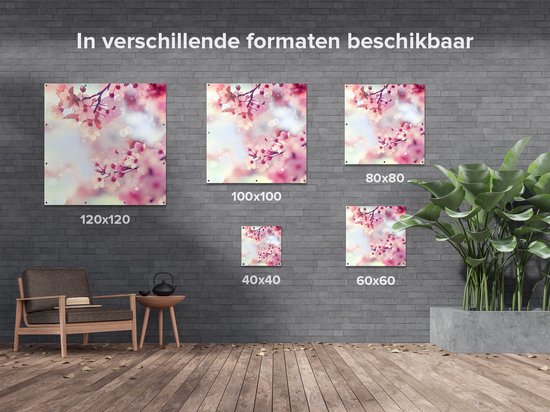 Gards Poster de jardin Arbre à fleurs roses avec soleil - 80x80 cm - Toile de jardin - Décoration de jardin - Décoration murale extérieure - Tableau de jardin