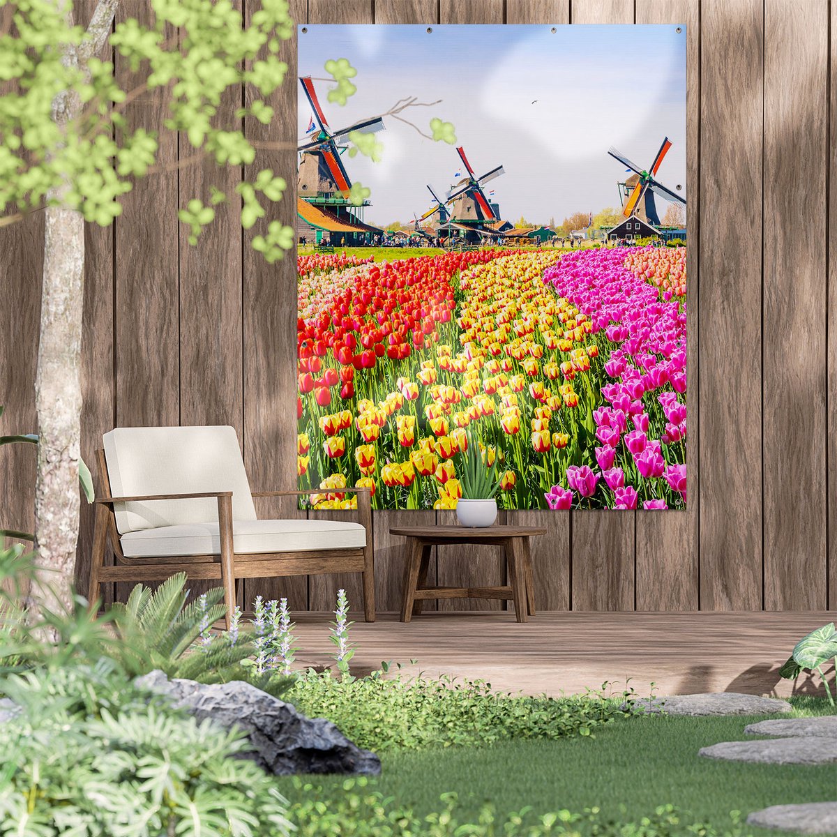 Gards Affiche de jardin Champ de fleurs colorées avec un moulin à vent -  160x120 cm 