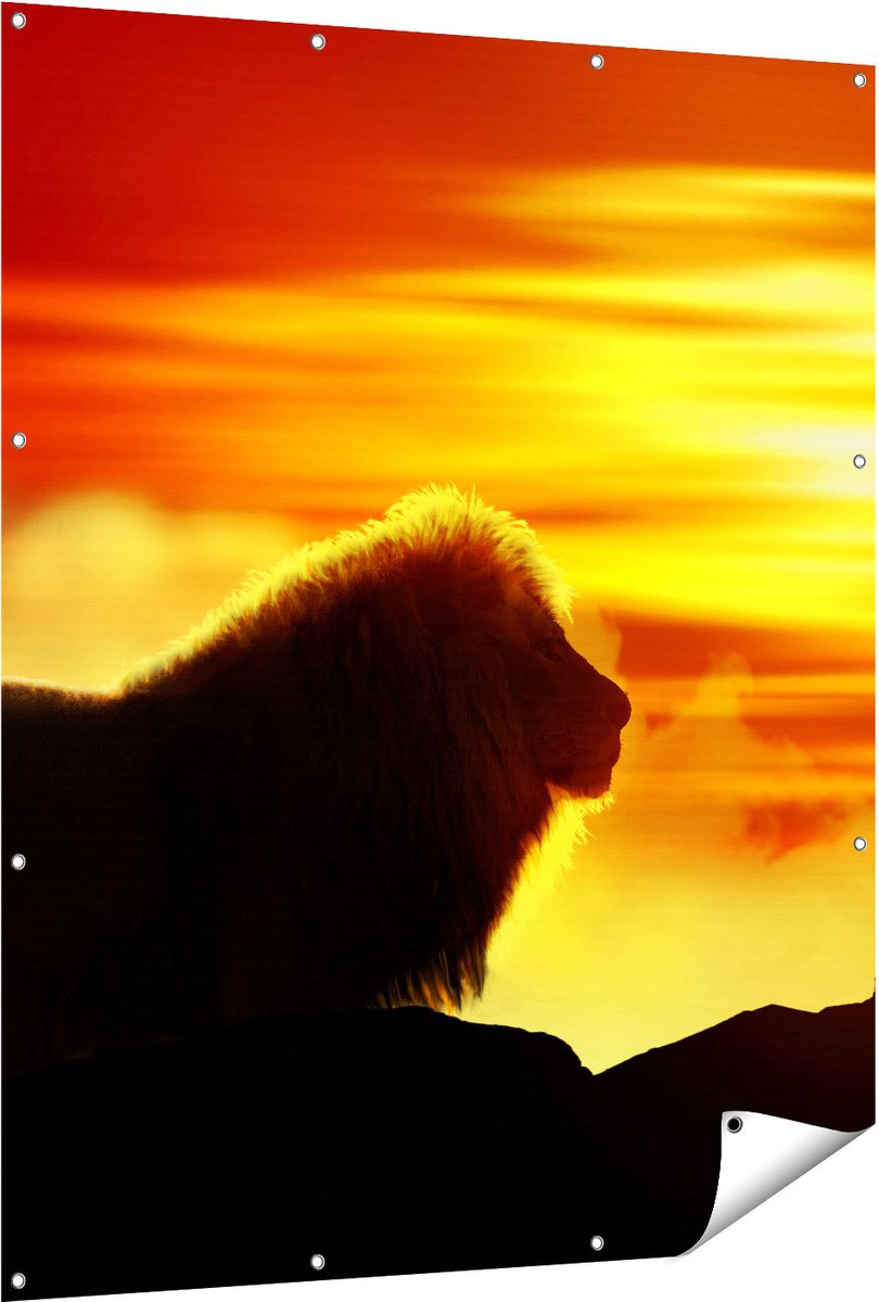Gards Tuinposter Leeuw en Tijger - Silhouet - Zonsopkomst - 120x150 cm - Tuindoek - Tuindecoratie - Wanddecoratie buiten - Tuinschilderij Multikleur