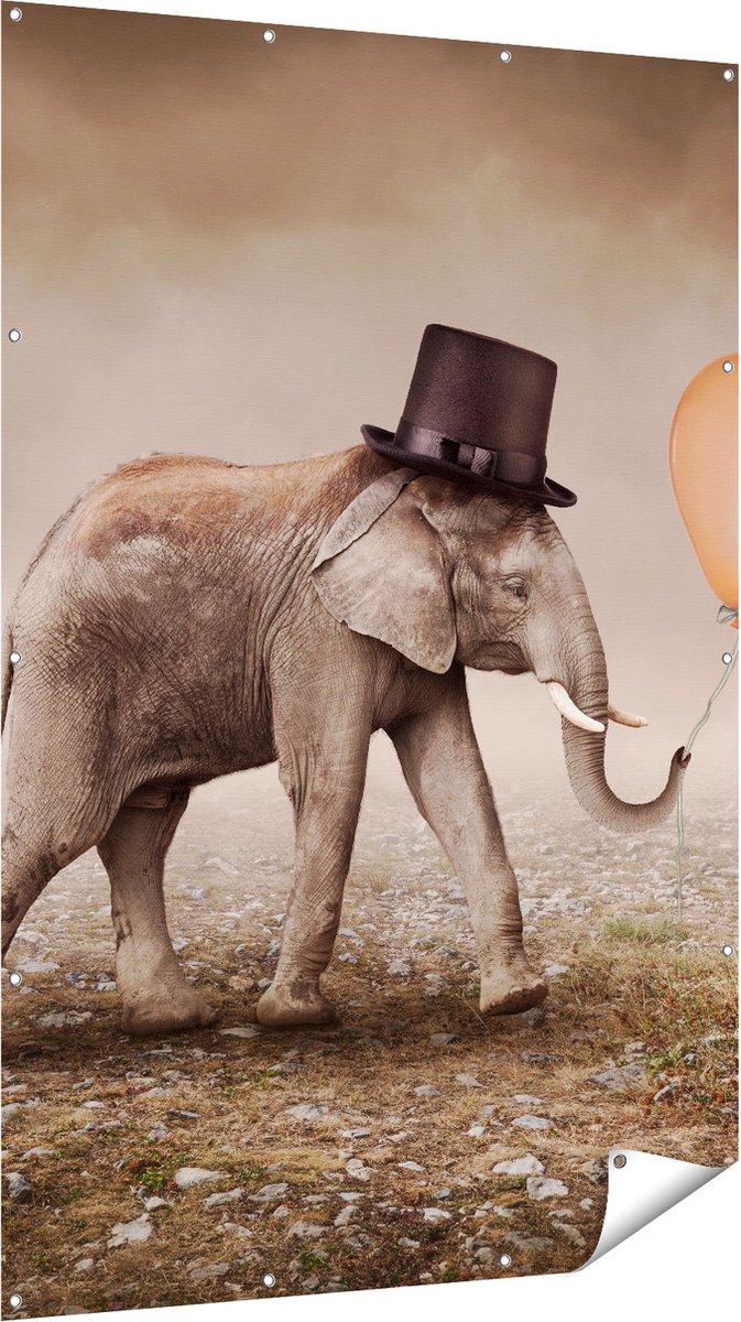 Gards Tuinposter Olifant met een Oranje Ballon - Hoedje - 120x180 cm - Tuindoek - Tuindecoratie - Wanddecoratie buiten - Tuinschilderij Multikleur