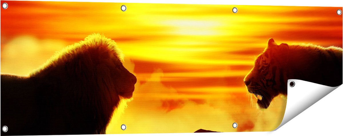 Gards Tuinposter Leeuw en Tijger - Silhouet - Zonsopkomst - 120x40 cm - Tuindoek - Tuindecoratie - Wanddecoratie buiten - Tuinschilderij Multikleur