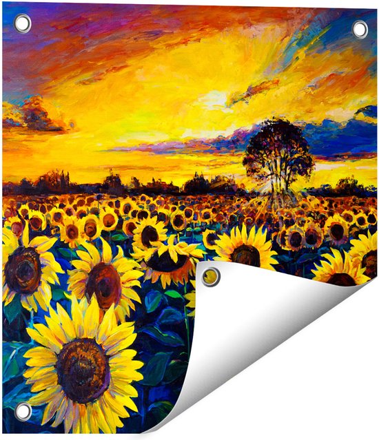 Gards Tuinposter Getekende Zonnebloemen Veld met Olieverf - 40x40 cm - Tuindoek - Tuindecoratie - Wanddecoratie buiten - Tuinschilderij