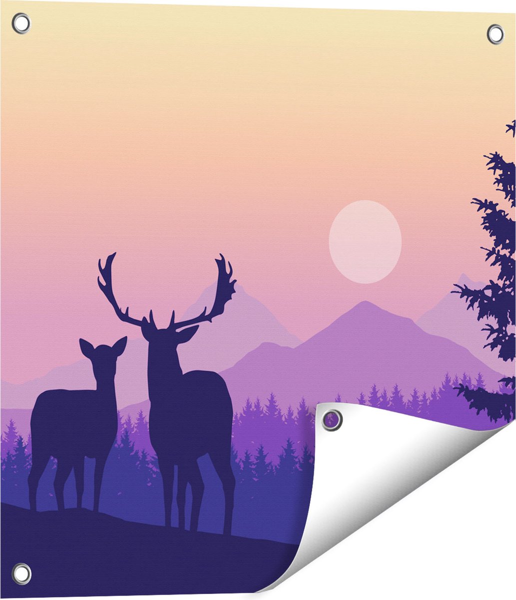 Gards Tuinposter Twee Herten - Zonsondergang - Silhouet - 50x50 cm - Tuindoek - Tuindecoratie - Wanddecoratie buiten - Tuinschilderij Multikleur