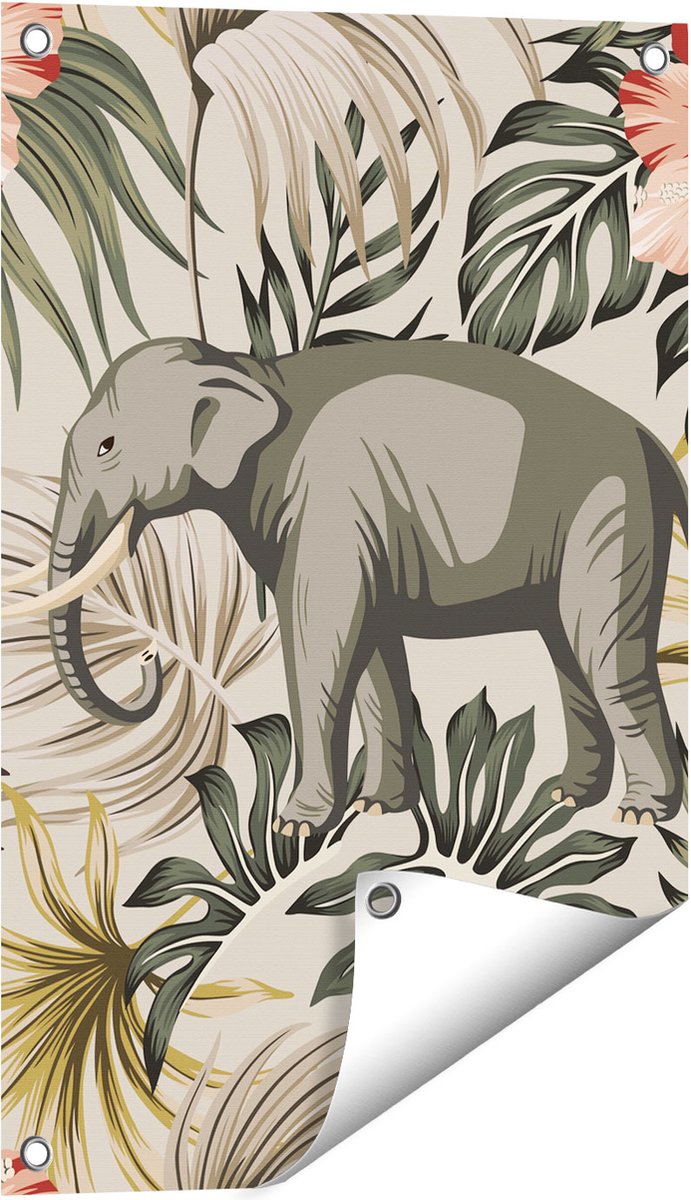 Gards Tuinposter Tropisch Getekende Olifant - Abstract - 40x60 cm - Tuindoek - Tuindecoratie - Wanddecoratie buiten - Tuinschilderij Multikleur