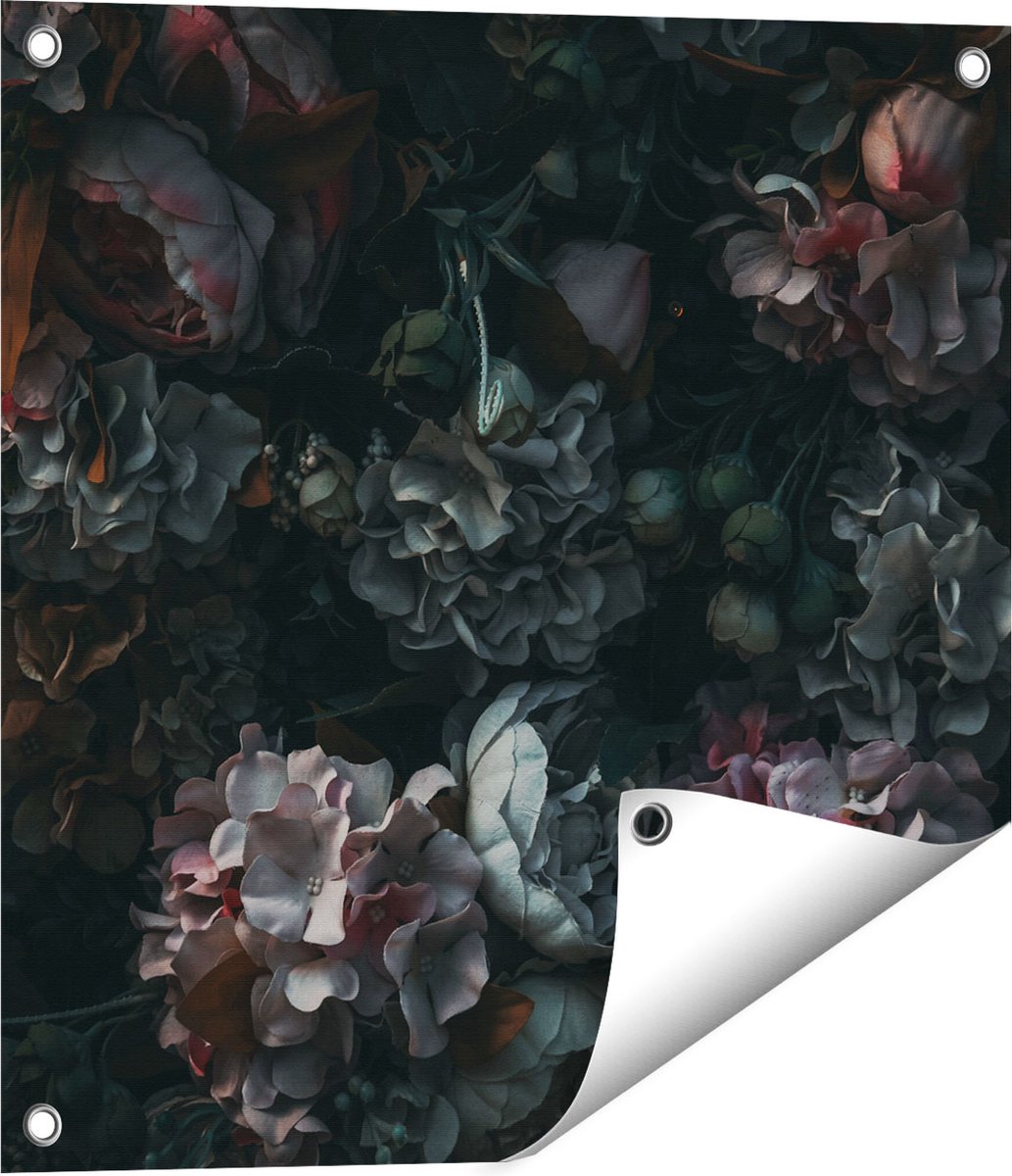 Gards Tuinposter Bloemen in het Donker - Duisternis - 50x50 cm - Tuindoek - Tuindecoratie - Wanddecoratie buiten - Tuinschilderij Multikleur