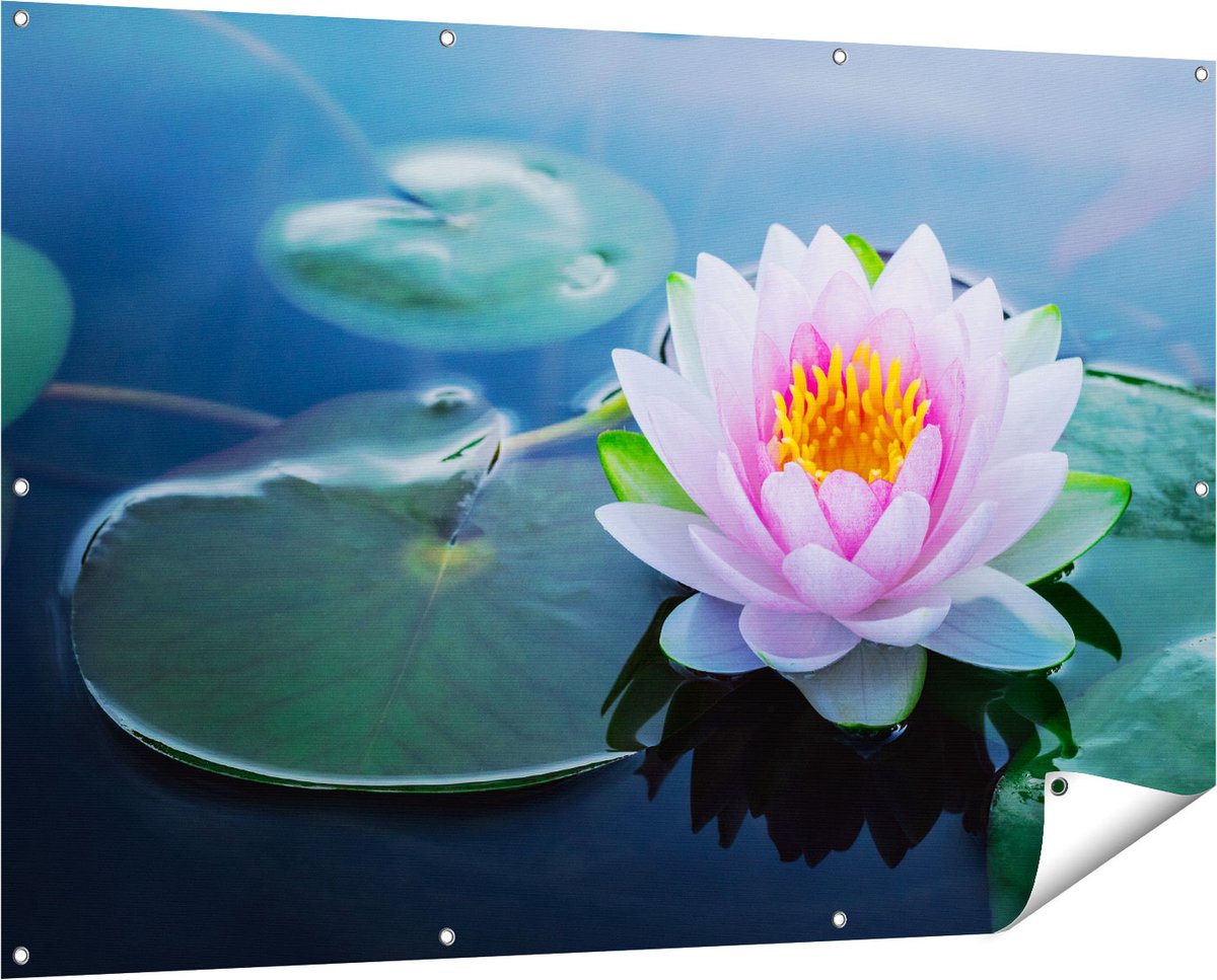 Gards Tuinposter Roze Lotusbloem met Waterlelies - 150x100 cm - Tuindoek - Tuindecoratie - Wanddecoratie buiten - Tuinschilderij Multikleur