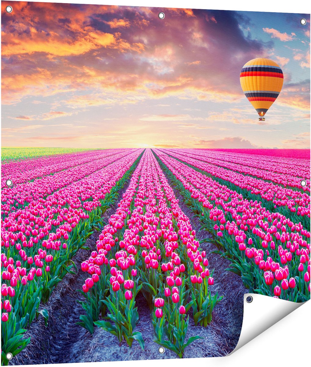 Gards Tuinposter Bloemenveld met Roze Tulpen - Luchtballon - 90x90 cm - Tuindoek - Tuindecoratie - Wanddecoratie buiten - Tuinschilderij Multikleur