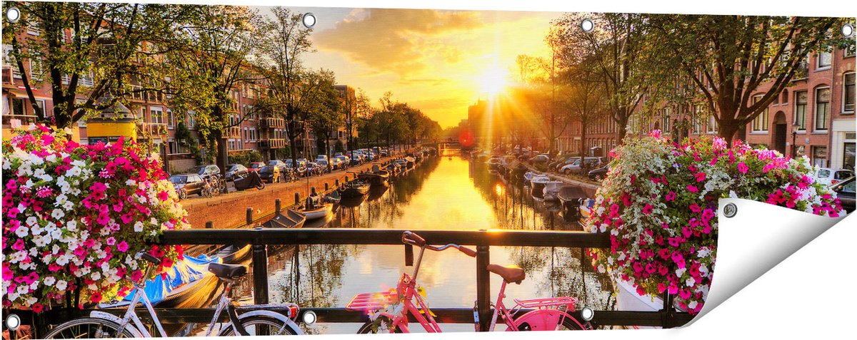 Gards Tuinposter Amsterdamse Brug met Zonsopgang - 120x40 cm - Tuindoek - Tuindecoratie - Wanddecoratie buiten - Tuinschilderij Multikleur