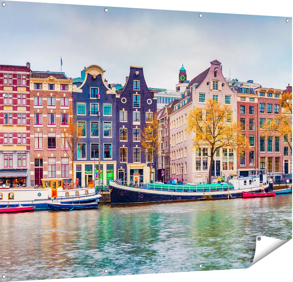 Gards Tuinposter Amsterdamse Huisjes vanaf de Gracht - 150x120 cm - Tuindoek - Tuindecoratie - Wanddecoratie buiten - Tuinschilderij Multikleur