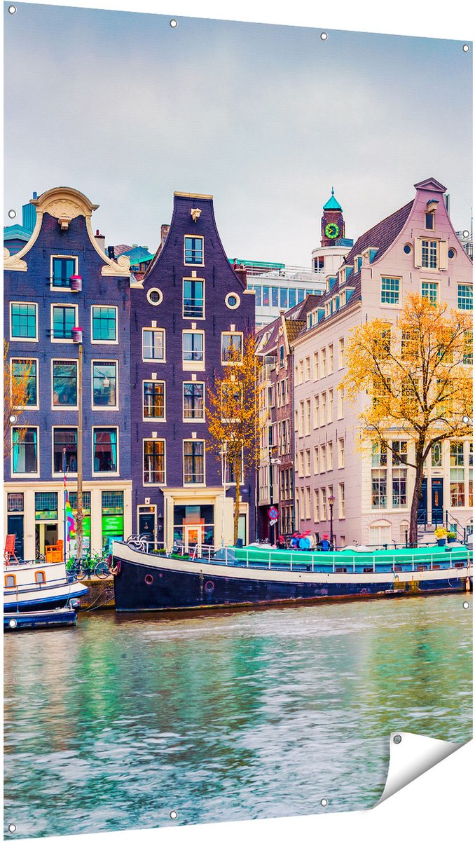 Gards Tuinposter Amsterdamse Huisjes vanaf de Gracht - 120x180 cm - Tuindoek - Tuindecoratie - Wanddecoratie buiten - Tuinschilderij Multikleur