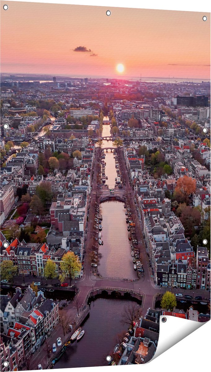 Gards Tuinposter Bovenaanzicht Amsterdam met Zonsondergang - 80x120 cm - Tuindoek - Tuindecoratie - Wanddecoratie buiten - Tuinschilderij Multikleur