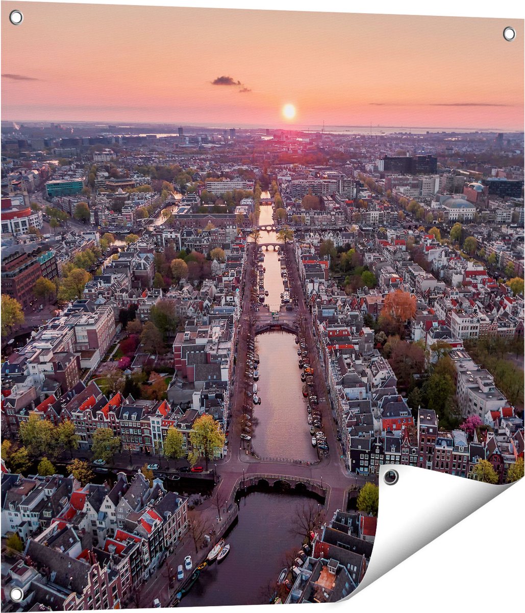 Gards Tuinposter Bovenaanzicht Amsterdam met Zonsondergang - 70x70 cm - Tuindoek - Tuindecoratie - Wanddecoratie buiten - Tuinschilderij Multikleur