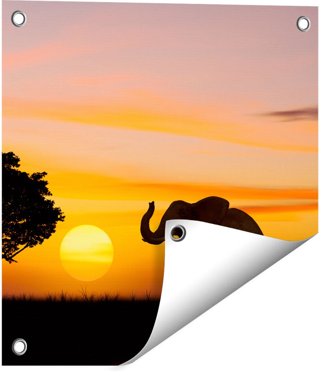 Gards Tuinposter Olifant Silhouet tijdens Zonsondergang - 40x40 cm - Tuindoek - Tuindecoratie - Wanddecoratie buiten - Tuinschilderij Multikleur