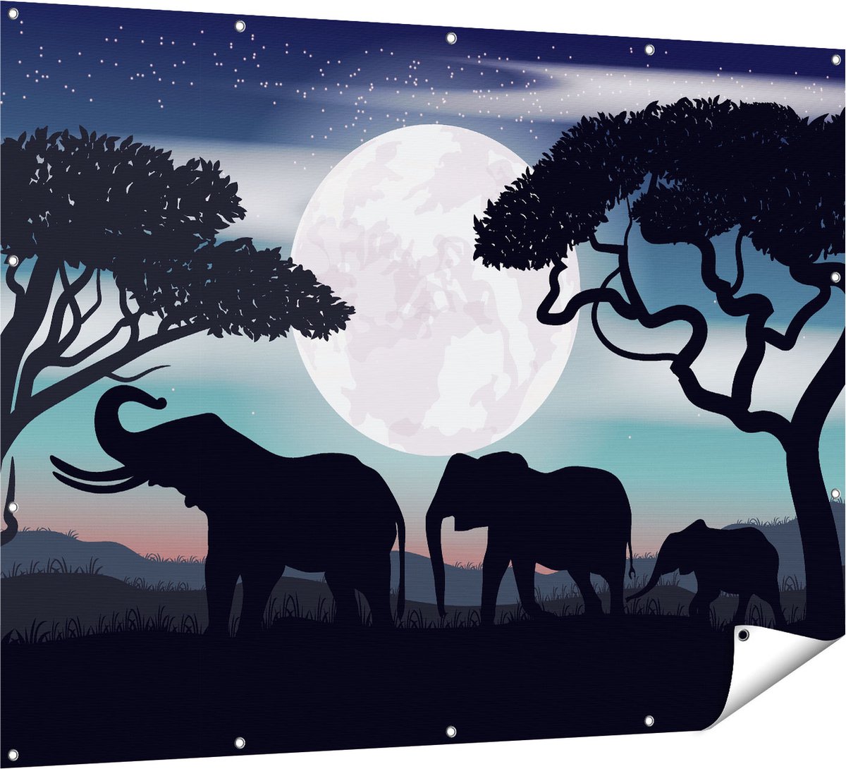 Gards Tuinposter Olifanten Silhouet tijdens Volle Maan - 160x120 cm - Tuindoek - Tuindecoratie - Wanddecoratie buiten - Tuinschilderij Multikleur