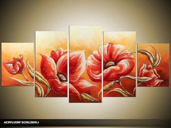 Schilderij -  Bloemen - Klaproos - Rood, Crème - 150x70cm 5Luik - GroepArt - Handgeschilderd Schilderij - Canvas Schilderij - Wanddecoratie - Woonkamer - Slaapkamer - Geschilderd Door Onze Kunstenaars 2000+Collectie Maatwerk Mogelijk