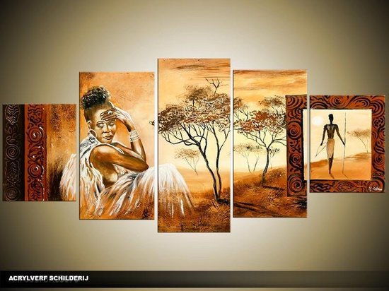 Schilderij -  Afrika - Bruin, Crème - 150x70cm 5Luik - GroepArt - Handgeschilderd Schilderij - Canvas Schilderij - Wanddecoratie - Woonkamer - Slaapkamer - Geschilderd Door Onze Kunstenaars 2000+Collectie Maatwerk Mogelijk