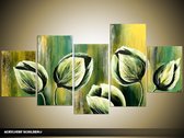 Schilderij -  Tulp - Groen - 150x70cm 5Luik - GroepArt - Handgeschilderd Schilderij - Canvas Schilderij - Wanddecoratie - Woonkamer - Slaapkamer - Geschilderd Door Onze Kunstenaars 2000+Collectie Maatwerk Mogelijk