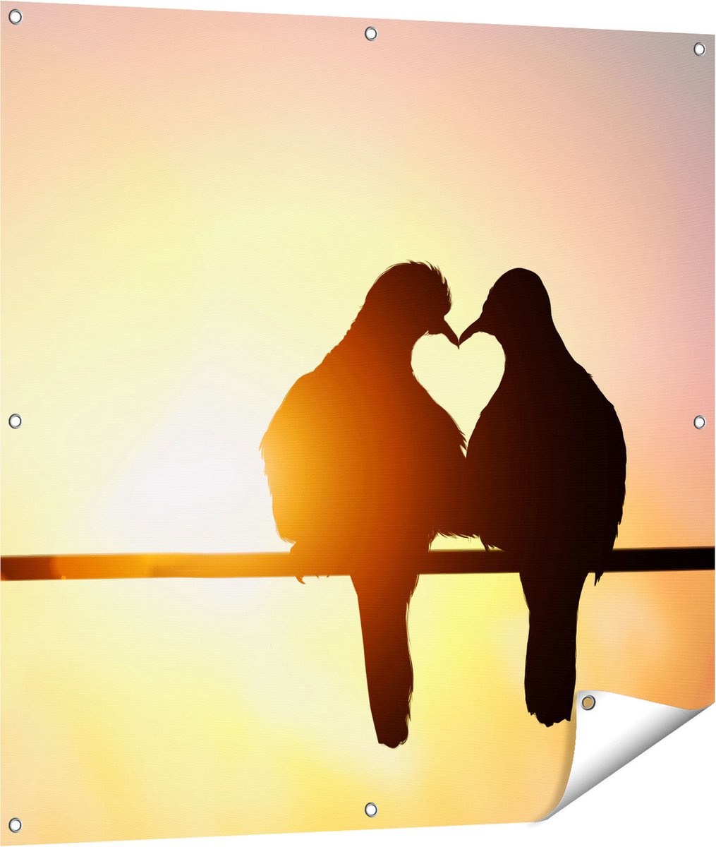 Gards Tuinposter Twee Silhouet Vogels in een Hart Vorm - 100x100 cm - Tuindoek - Tuindecoratie - Wanddecoratie buiten - Tuinschilderij Multikleur