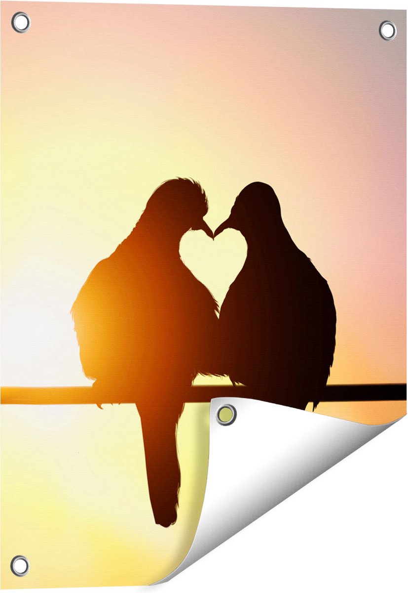 Gards Tuinposter Twee Silhouet Vogels in een Hart Vorm - 40x50 cm - Tuindoek - Tuindecoratie - Wanddecoratie buiten - Tuinschilderij Multikleur
